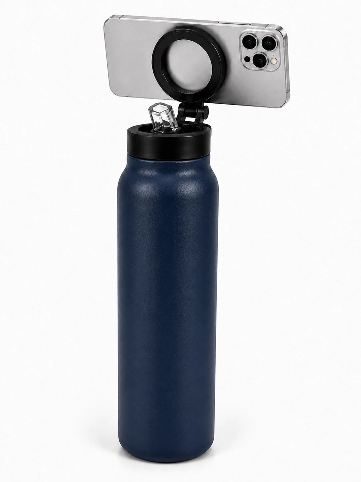 Magnetische Trinkflasche am iPhone befestigt, Blau