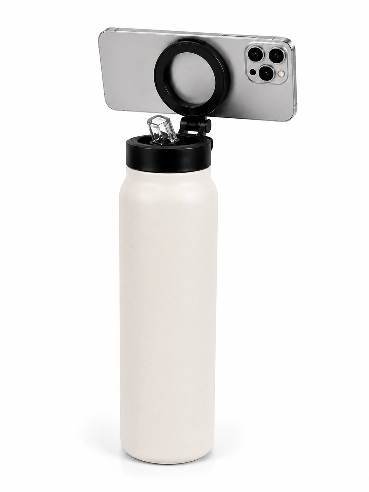 Magnetische Trinkflasche am iPhone befestigt, Weiß
